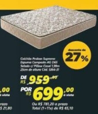 Colchao Probon Supreme Espuma Composto AG D65 Selado c/ Pillow 1.38m