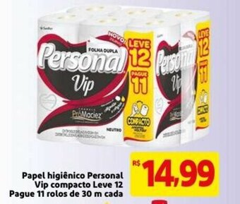 Mercado Extra Papel Higiénico Personal Vip compacto Leve 12 Pague 11 rolos de 30m cada oferta