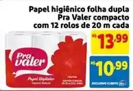 Mercado Extra Pra valer - papel higiênico folha dupla compacto com 12 rolos de 20 m cada oferta