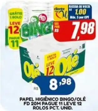 Bramil Supermercados Papel higiênico bingo/olé fd 20m pague 11 leve 12 rolos pct. unid. oferta