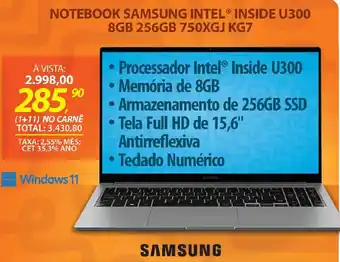 Lojas Cem Notebook samsung intel inside u300 8GB 256GB 750XGJ KG7 oferta