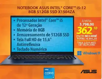 Lojas Cem NOTEBOOK ASUS INTEL® CORE™ i5-12 8GB 512GB SSD X1504ZA oferta