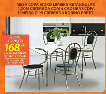 Lojas Cem Mesa copa vidro limeira retangular 1,20m cromada com 4 cadeiras copa limeira c-95 cromada korino preto oferta