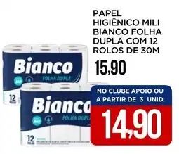 Apoio Mineiro Papel higiênico mili bianco folha dupla com 12 rolos de 30m oferta