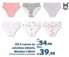 Sam's Club Rs - kit 6 cuecas ou calcinhas infantis member's mark oferta