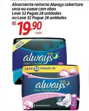 Comper Absorvente Noturno Always Cobertura Seca Ou Sauve Com Abas Leve 32 Pague 28 Unidades Ou Leve 32 Pague 26 Unidades oferta