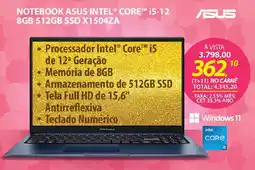 Lojas Cem Notebook asus intel® core™ i5-12 8gb 512gb ssd x1504za oferta