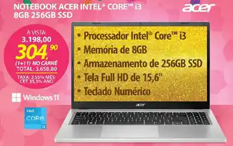 Lojas Cem Notebook acer intel® core™ i3 8GB 256GB SSD oferta