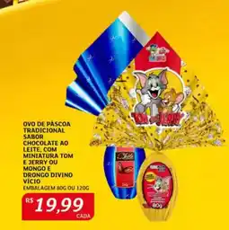 Assaí Atacadista Ovo de páscoa tradicional sabor chocolate ao leite, com miniatura tom e jerry ou mongo e drongo divino vicio oferta