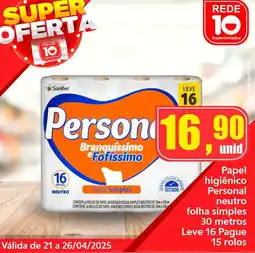 Rede 10 Papel higiênico Personal neutro folha simples 30 metros oferta