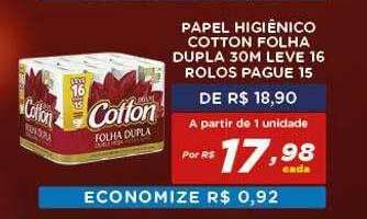 Papel Higiênico Cotton Folha Dupla Leve 16 Rolos Pague 15