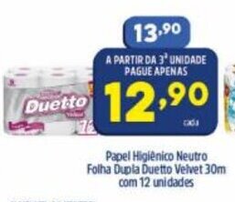 Arena Atacado Papel Higiénico Neutro Folha Dupla Duetto Velvet 30m com 12 unidades oferta