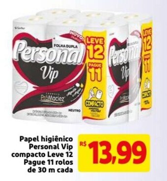 Papel Higiénico Personal Vip compacto Leve 12 Pague 11 rolos de 30m cada