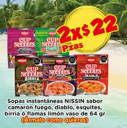 Super Aki Sopas instantáneas NISSIN sabor camarón fuego, diablo, esquites, birria ó flamas limón vaso oferta