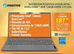 Lojas Cem Notebook positivo vision intel® dual core™ 4GB 128GB EMMC C4128A oferta