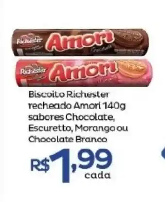 Biscoito Richester recheado Amori 140g sabores Chocolate, Escuretto, Morango ou Chocolate Branco