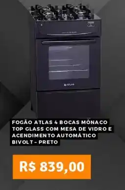 Pontofrio Fogão atlas 4 bocas mônaco top glass com mesa de vidro e acendimento automático bivolt - preto oferta