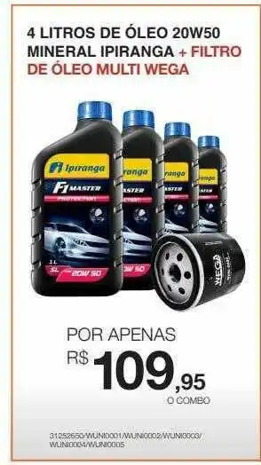 AutoZone 4 Litros De óleo 20w50 Mineral Ipiranga + Filtro De óleo Multi Wega oferta