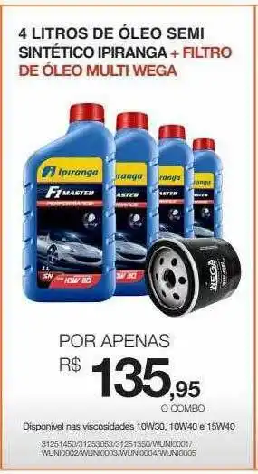 AutoZone 4 Litros De óleo Semi Sintético Ipiranga + Filtro De óleo Multi Wega oferta