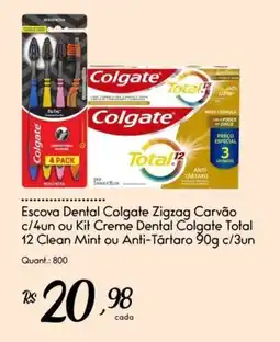 Giassi Supermercados Escova Dental Colgate Zigzag Carvão c/4un ou Kit Creme Dental Colgate Total 12 Clean Mint ou Anti-Tártaro oferta