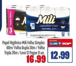 Rede Top Papel Higiênico Mili Folha Simples 60m/Folha Dupla 30m/Folha Tripla 20m/Leve 12 Pague 11 un. oferta