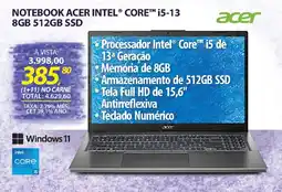 Lojas Cem Notebook acer intel® core™ i5-13 8gb 512gb ssd oferta