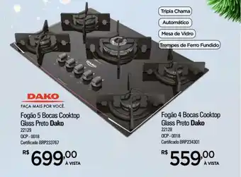 Zenir Fogao 5 Bocas Cooktop Glass Preto Dako oferta
