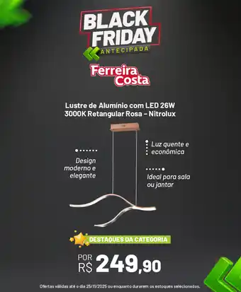 Ferreira Costa Lustre de Alumínio com LED 26W 3000K Retangular Rosa - Nitrolux oferta