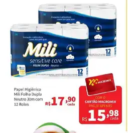 Macromix Atacado Papel Higiênico Mili Folha Dupla Neutro 30m com 12 Rolos oferta