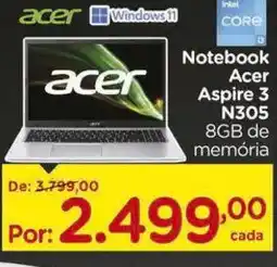 Carrefour Notebook Acer Aspire 3 N305 8GB de memória oferta