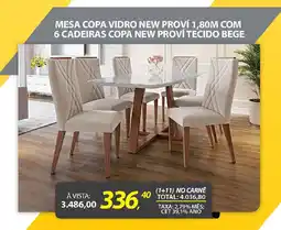 Lojas Cem Mesa copa vidro new proví 1,80m com 6 cadeiras copa new proví tecido bege oferta