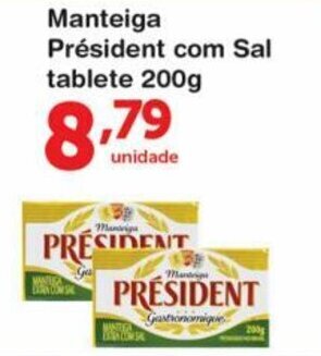 Roldão Manteiga President com Sal Tablete 200g oferta