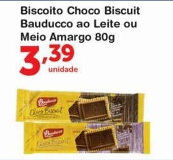 Roldão Biscoito Choco Biscuit Bauducco ao Leite ou Meio Amargo 80g oferta
