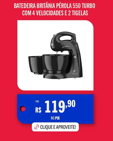 Casas Bahia Batedeira britânia pérola 550 turbo com 4 velocidades e 2 tigelas oferta