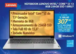 Lojas Cem Notebook lenovo intel® core™™ i3-13 8gb 256gb ssd 15iru7 oferta