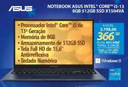 Lojas Cem Notebook asus intel® core™ i5-13 8gb 512gb ssd x1504va oferta