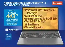 Lojas Cem Notebook lenovo intel® core™ i7-13 8gb 512gb ssd 15irh10 oferta