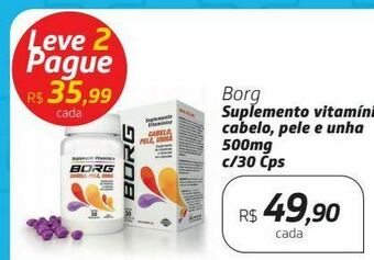 Drogal Borg suplemento vitamínico cabelo, pele e unha 500mg c/30 cps oferta