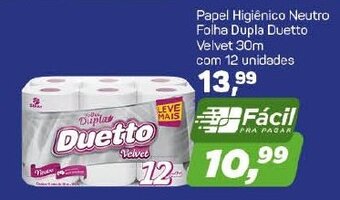 Papel Higiénico Neutro Folha Dupla Duetto Velvet 30m com 12 unidades