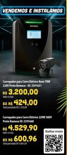 Amoedo Carregador para Carro Elétrico Koev 7KW 220V Preto Komeco oferta