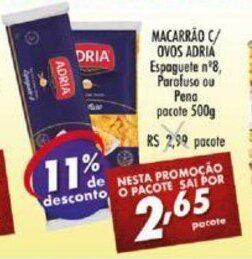 Vencedor Atacadista Macarrao c/ Ovos Adria Expaguete n8 Parafuso ou Pena pacote 500g oferta