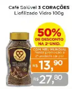 Supermercados Mundial Café Solúvel 3 CORAÇÕES Liofilizado Vidro oferta
