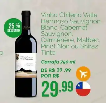 Vinho Chileno Valle Hermoso Sauvignon Blanc Cabernet Sauvignon Carmenère Malbec Pinot Noir Ou Shiraz Tinto 25% Desconto