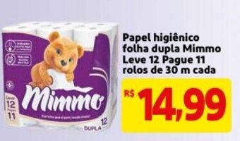 Mercado Extra Papel Higiénico Folha Dupla Mimmo Leve 12 Pague 11 rolos de 30m cada oferta