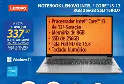 Lojas Cem Notebook lenovo intel® core™ i3-13 8gb 256gb ssd 15iru7 oferta