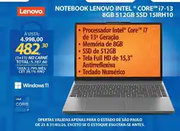 Lojas Cem Notebook lenovo intel® core™ i7-13 8gb 512gb ssd 15irh10 oferta
