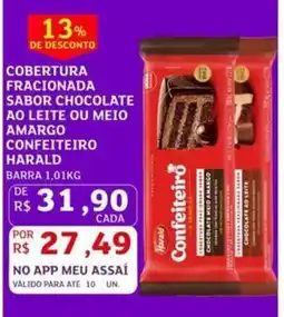 Assaí Atacadista Cobertura fracionada sabor chocolate ao leite ou meio amargo confeiteiro harald oferta