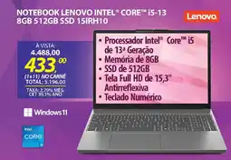 Lojas Cem Notebook lenovo intel core™ i5-13 8gb 512gb ssd 15irh10 oferta