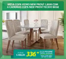 Lojas Cem Mesa copa vidro new proví 1,80m com 6 cadeiras copa new proví tecido bege oferta