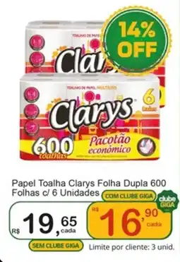 Giga Atacado Papel Toalha Clarys Folha Dupla 600 Folhas oferta